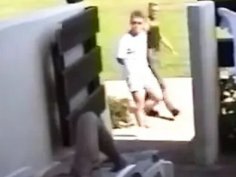 Hairy teen nudist fucked doggy style by two strangers in yard threesome