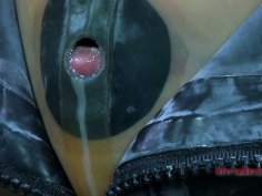 Tight black rubber mask makes Kristine Andrews suffocate and cry