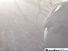 Slutty babes sharing border guard cock outdoors